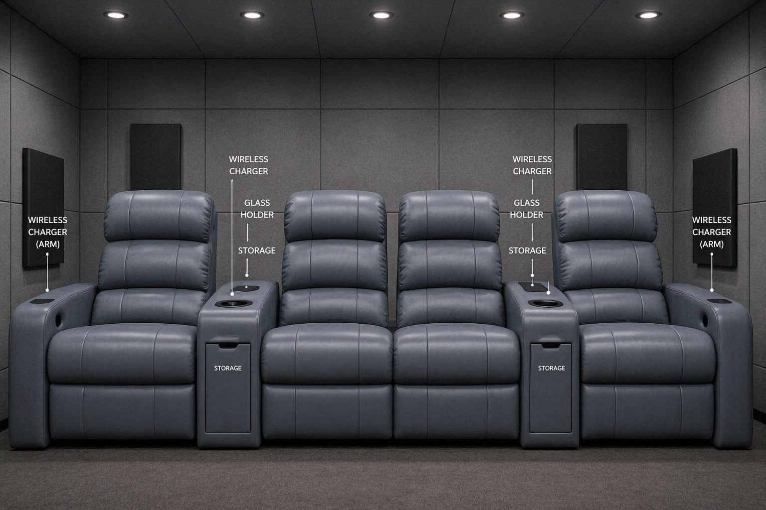 4-seat home theatre recliner love seat with console showing wireless charger glass holder storage Sky Recliners