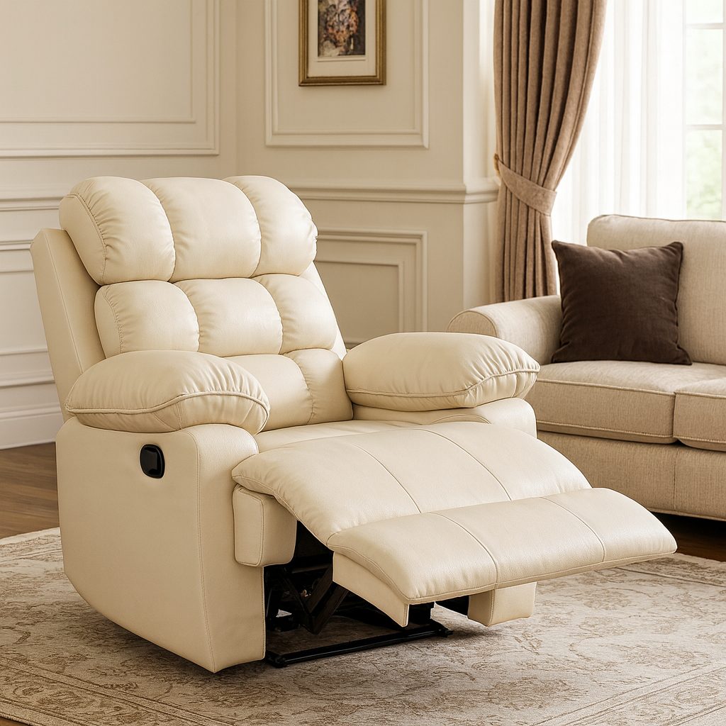 Cream leather recliner reclined beside a sofa in a living room — Sky Recliners