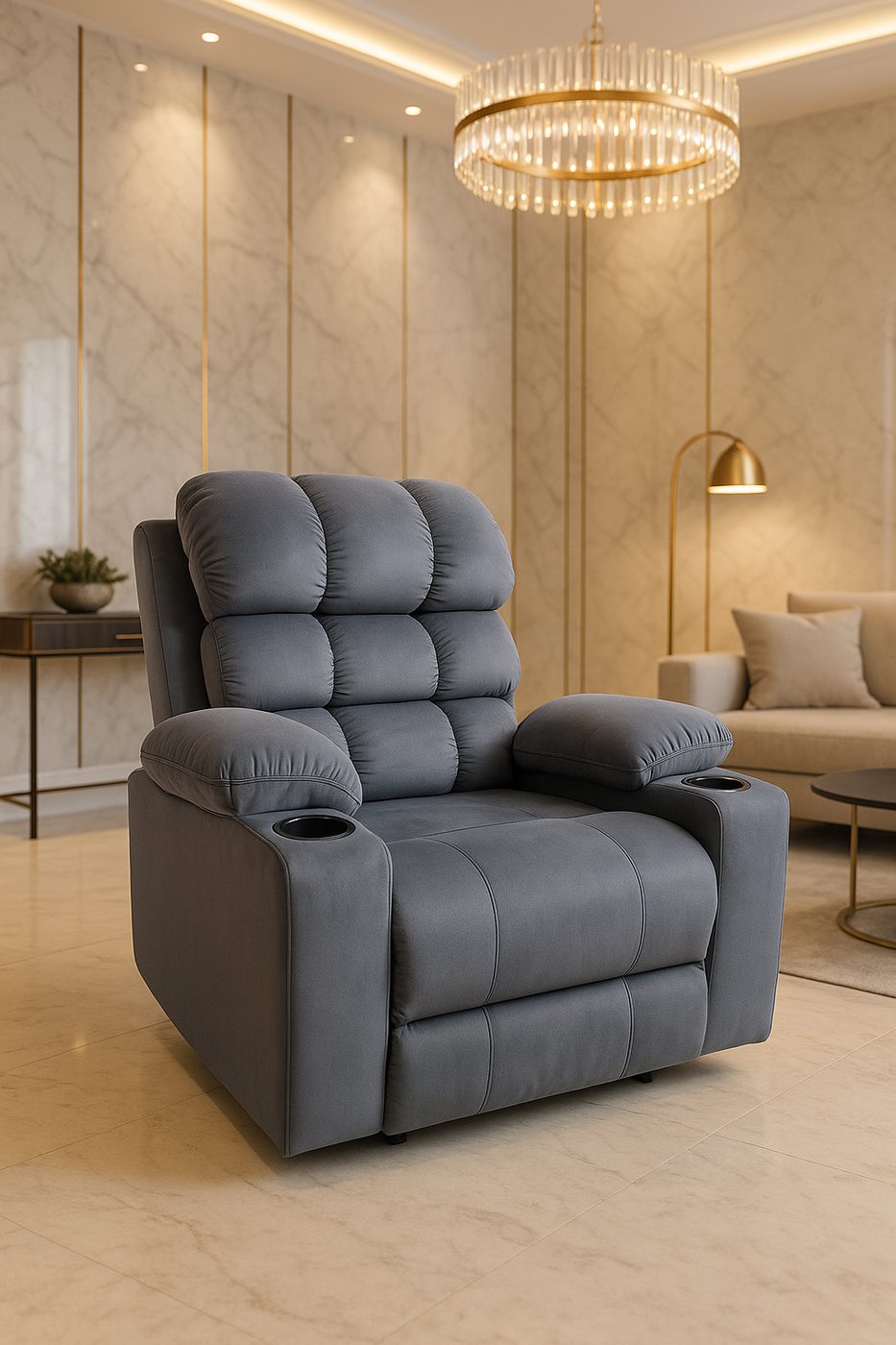 Grey fabric motorised recliner placed in a living room — cordless-ready, Sky Recliners