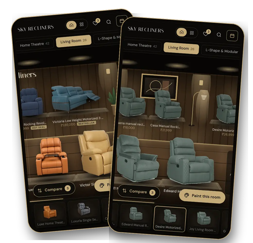 Sky Recliners Virtual Showroom on a phone: the living room with real recliners, and the same room painted in one colour