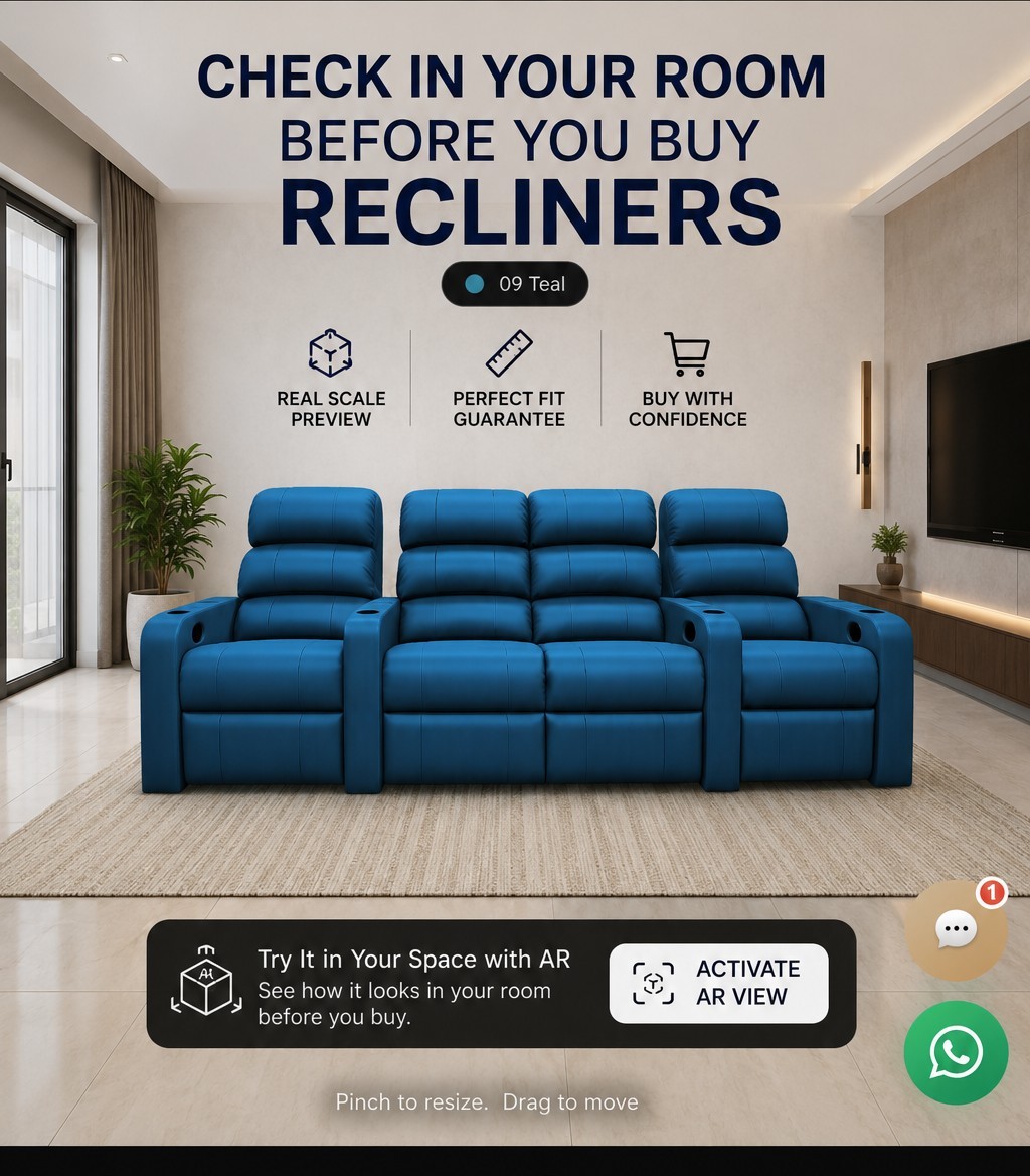 Sky Recliners blue home theatre recliners checked in a living room before buying using AR real-scale preview
