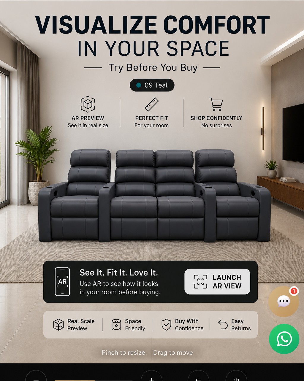 Sky Recliners charcoal home theatre recliner visualised in a living room using the AR View In Your Room tool &mdash; try before you buy