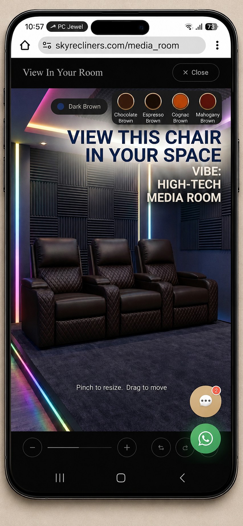 Sky Recliners dark brown leather home theatre recliners shown in a high-tech media room via AR, with brown leather colour options