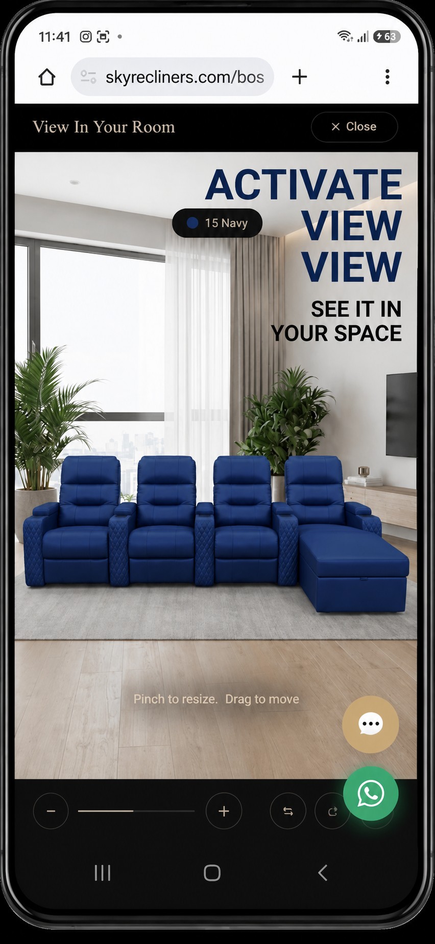 Sky Recliners navy blue home theatre recliner with chaise previewed in a living room using AR View In Your Room