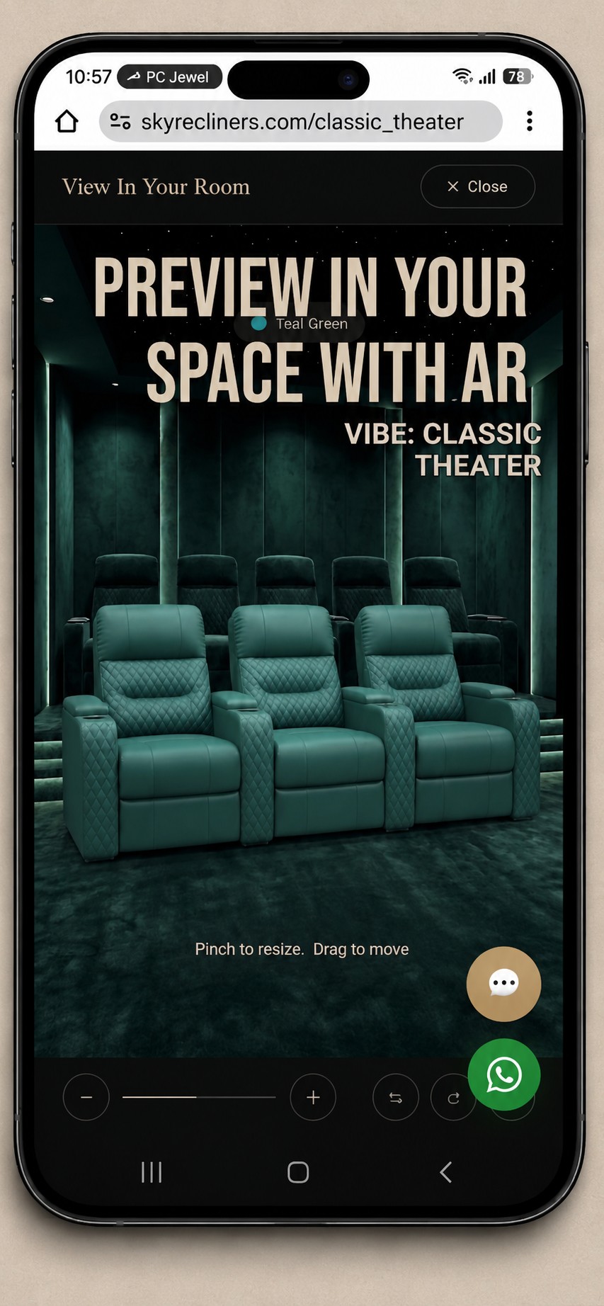 Sky Recliners teal green home theatre recliners previewed with AR in a classic theatre room